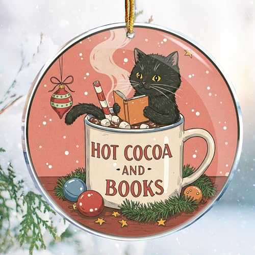 Hot Cocoa and Books Cat Book Ornament - Christmas Tree Decor Gift