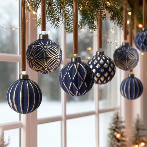 Navy Blue Vintage Christmas Ball Ornaments Set - 12 Pack with Gold Accents