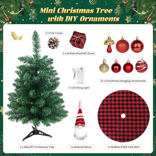 Mini Gnome Christmas Tree with Lights - 2 Ft Small Tabletop Holiday Tree