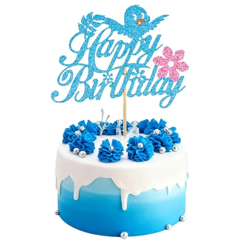 Bird Birthday Cake Topper - Blue Glitter Party Decoration