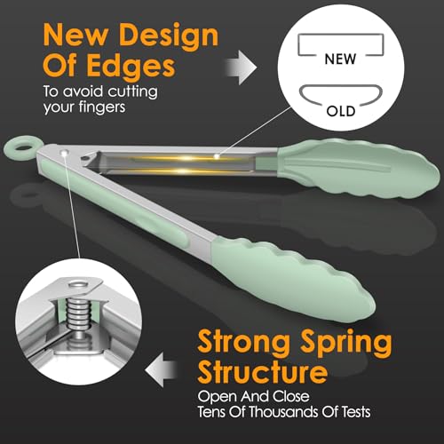 HOTEC 7-Inch Mini Silicone Kitchen Tongs - Heat Resistant Set of 3 (Light Green)