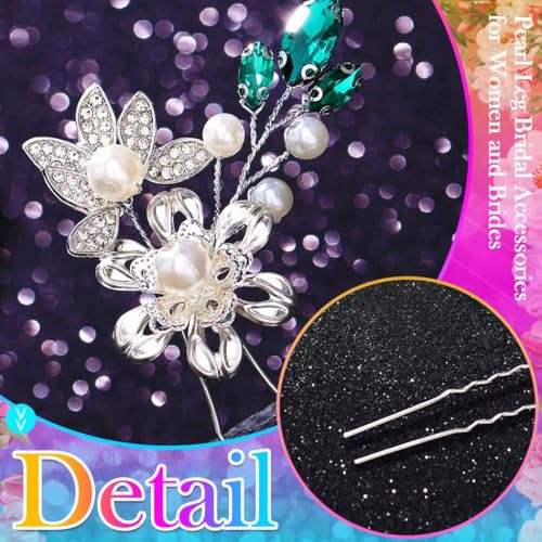 CASDRE Green Crystal Pearl Wedding Hair Pins Bridal Hair Pieces (Pack of 3)