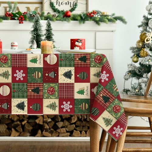 Christmas Tablecloth 52 x 70 Inch Rectangular Green Tree Snow Decoration - Red Variation