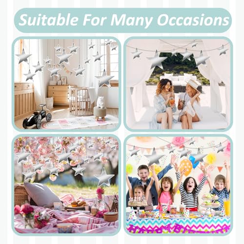 24 Pcs Silver Hanging Star Decorations - Glitter Cardboard Cutouts for Party