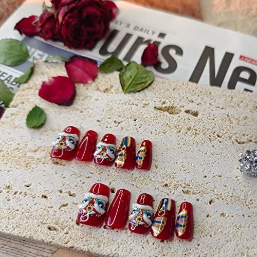 Ricefod Handmade Press on False Nails Luxury Coffin Red Medium 10pcs