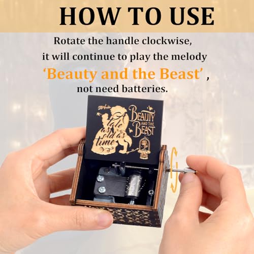 Beauty and the Beast Hand Crank Wooden Music Box - Romantic Gift