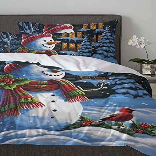 Blue California King Christmas Bedding Set Snowman Farmhouse Duvet Cover Comforter Cover
