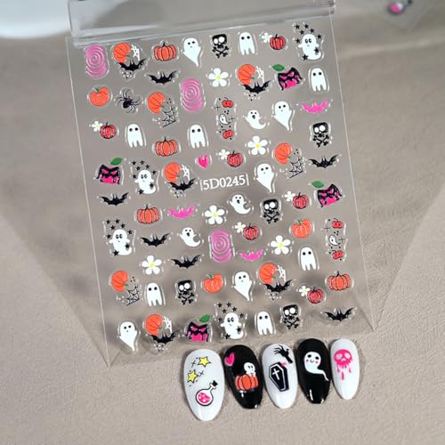 OSTTMA 3 Sheets 5D Embossed Halloween Nail Art Stickers - Horror Ghost, Pumpkin, Bat & Skull Self-Adhesive Decals for Manicure