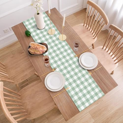 Sage Green Gingham Table Runner 13 x 72 Inches - Checkered Party Decor for Wedding, Birthday, Baby Shower, Home & Kitchen