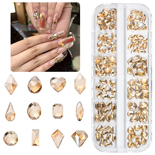 qiipii 120Pcs Champagne Gold Nail Rhinestones K9 Glass Flatback Gems