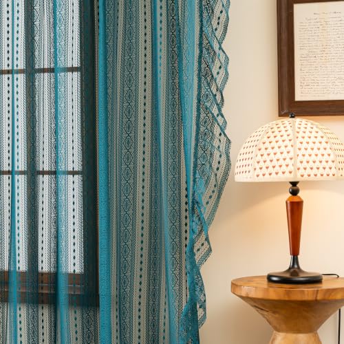 Teal Boho Sheer Lace Curtains 50W x 96L Pair – Geometric Crochet Drapes for Bedroom & Holiday Decor