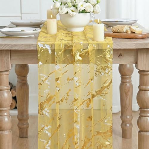 Marble Pattern Yellow Table Runner - 28x120 Inch for Dining & Events