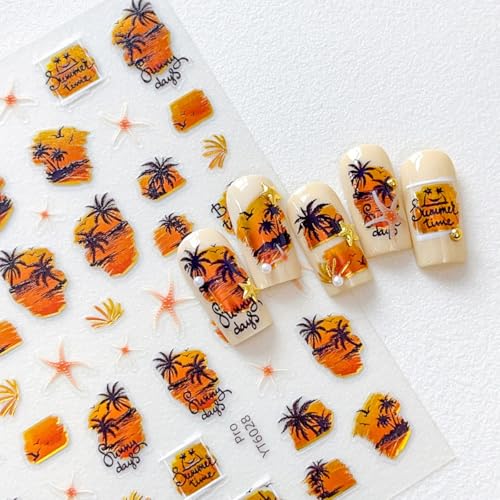 5D Embossed Summer Beach Nail Art Stickers - Palm Tree & Seashell Decals