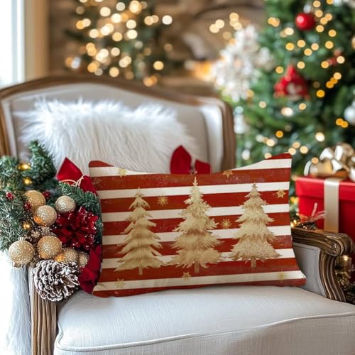 Christmas Pillow Covers 12x20 Inch - Red Tree Snowflake Holiday Cushion Case