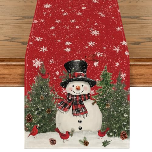 Snowman Christmas Table Runner 13x36 Inch - Holiday Home Decor, Red Variation