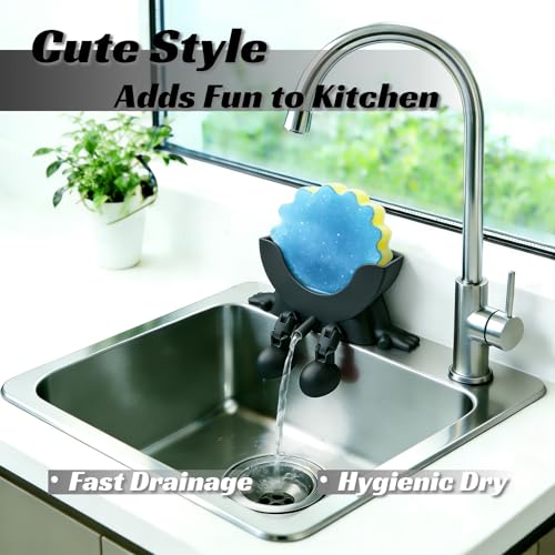 Cute Hanging Sponge Holder with Drainage - Kitchen Sink Caddy, No Installation Needed, Black