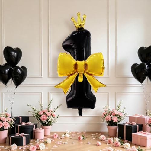 40 Inch Black Crown Number Balloon with Gold Bow for Birthday Decor