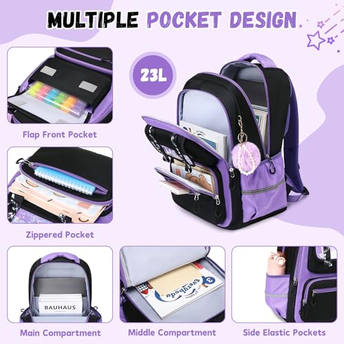Kawaii Purple Backpack for Girls, Stylish School Bag Ages 6-15