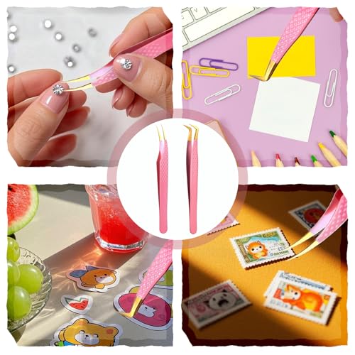 TIESOME Pink Eyelash Extension Tweezers Set - 2 PCS Stainless Steel Curved Precision Lash Application Tools