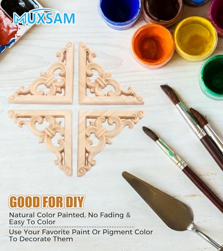 MUXSAM 4Pcs Wood Carved Appliques Onlays - Unpainted Wooden Corner Decals for Furniture, Cabinets, and Walls (8x8cm)