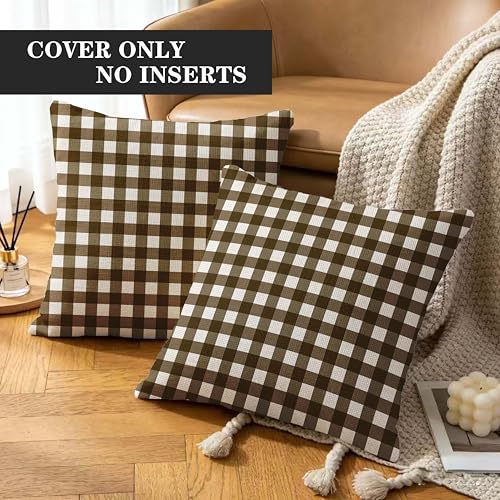 Brown Gingham Pillow Covers Set of 2 | 18x18 Inch Buffalo Plaid