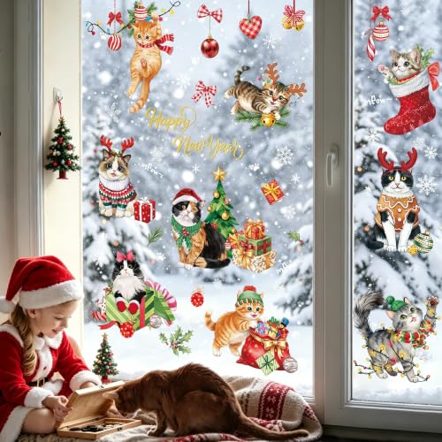 Christmas Window Clings - Cat Theme Double-Sided Holiday Decor, 9 Sheets - Black Cat Variation
