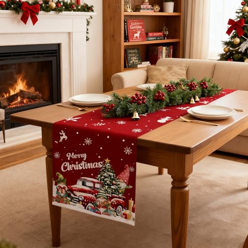 Christmas Linen Table Runner 13x70 Inch with Festive Pattern for Holiday Dining