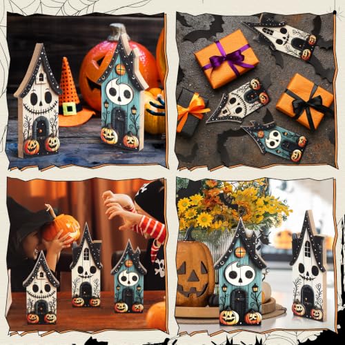 Haunted House Wooden Block Sign Set - 3 Pcs Halloween Table Decor