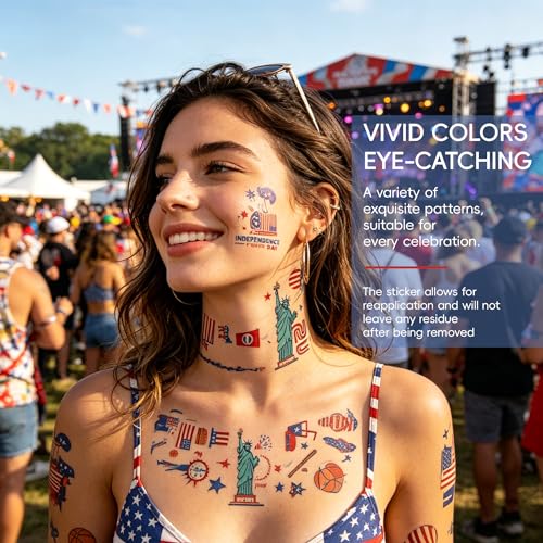 300+ Pcs 4th of July Temporary Tattoos Patriotic USA Flag Stickers Party Favors