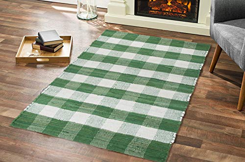 GLAMBURG Buffalo Check Plaid Rug, 22x34 Green Cotton Farmhouse Area Rug