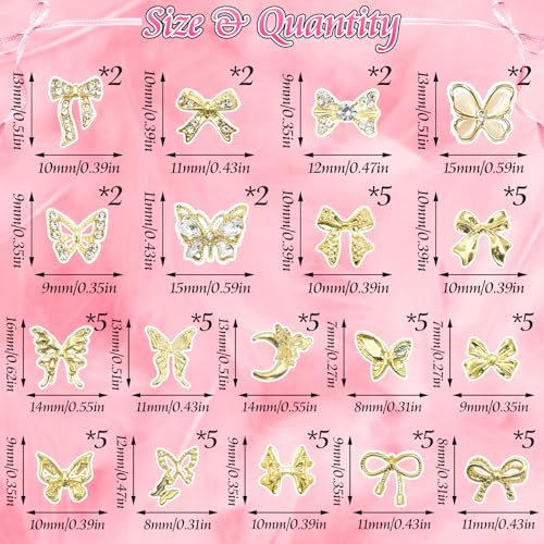 BELICEY 72Pcs Gold Bow and Butterfly Nail Charms 3D Alloy Rhinestones