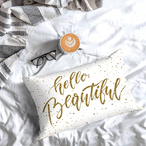 Mugod 20x30 Inch Gold Glitter Motivational Throw Pillow Cover - Hello Beautiful