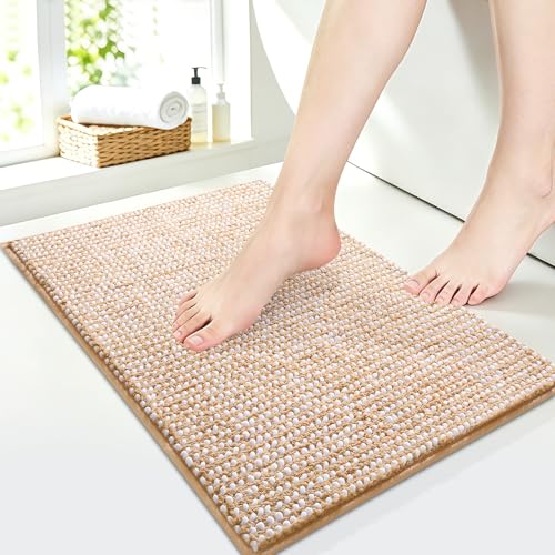 ACCUMTEK Beige & White 1.5' x 2' Luxury Chenille Non-Slip Bathroom Rug