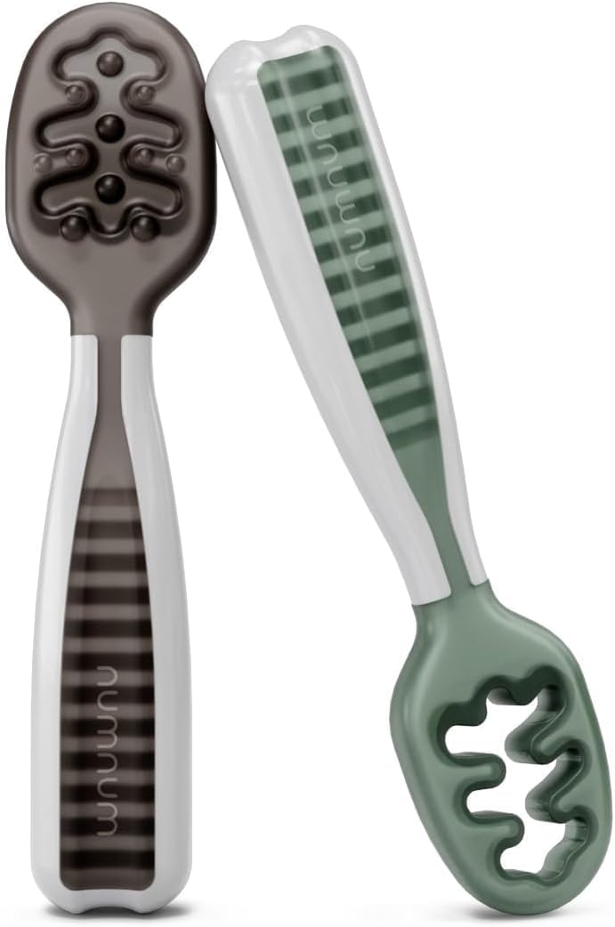 NumNum Baby Spoons Set - Pre-Spoon GOOtensils for Self-Feeding | BPA-Free Silicone, 2 Pack Gray/Green