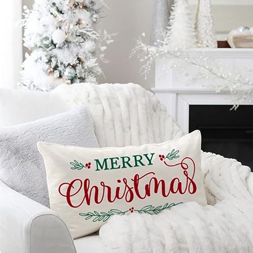 Merry Christmas Pillow Cover 12x20 Inch - Cream Polyester