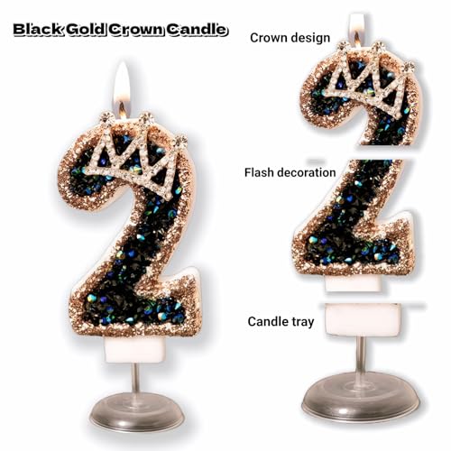 Black Gold Crown Number 2 Birthday Candle with Glitter Cake Topper