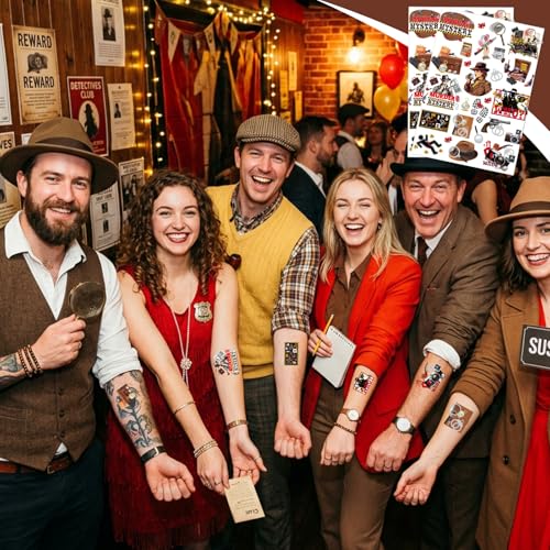 Detective Temporary Tattoos - 8 Sheets Mystery Party Favors