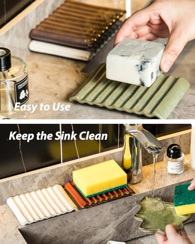 Zoeeker Ceramic Soap Dish - Wave Design, Self-Draining Holder in Green