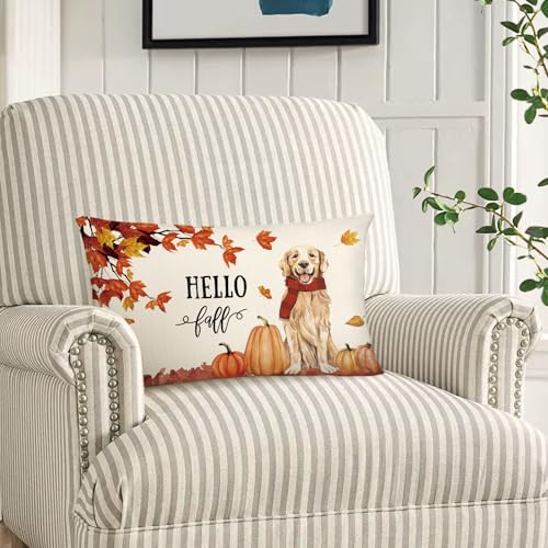 Hello Fall Golden Retriever Lumbar Throw Pillow Cover, 12x20 Inch Autumn Decor