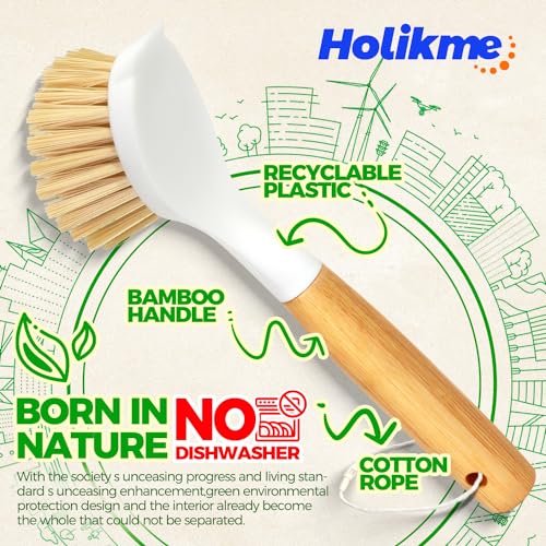 Holikme Bamboo Handle Dish Brush Set - 3 Pack Kitchen Scrubbers