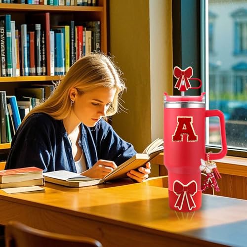 Red Stanley Cup Accessories Set with Bow Boot Leak-Proof Stopper and Initial Charm for 30/40oz Tumbler