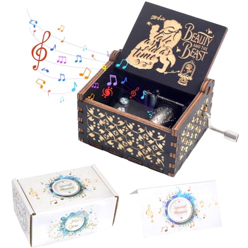 Beauty and the Beast Hand Crank Wooden Music Box - Romantic Gift