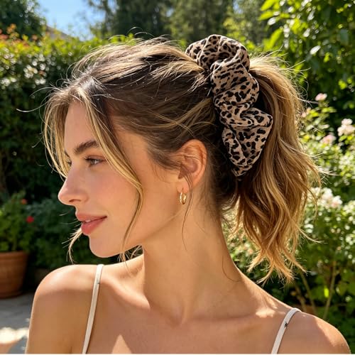 CaySep Oversized Leopard Satin Scrunchies for Thick Hair 2-Pack
