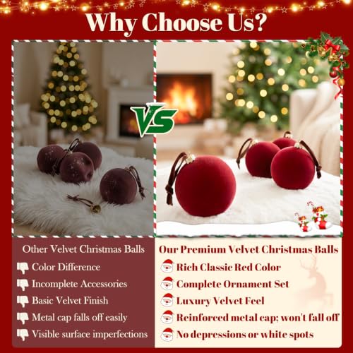 Red Velvet Christmas Tree Ornaments Set - 15 Shatterproof Holiday Decorations