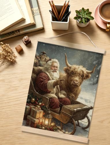 Christmas Santa and Highland Cow Wall Art Print 12x16in - Color 22