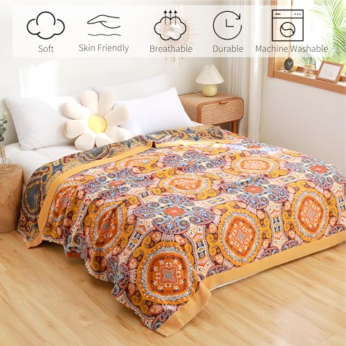 Watbro Boho Cotton Throw Blanket - 60" x 80" Floral Rustic Farmhouse Quilt