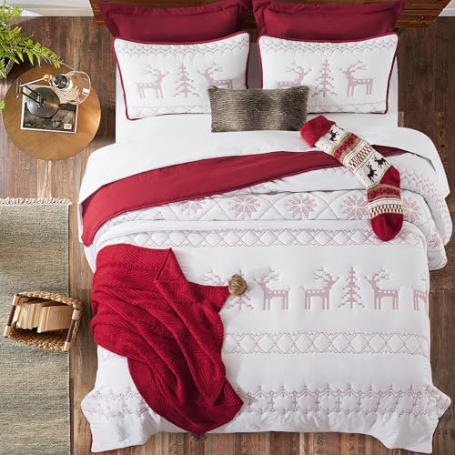 Red King Size Quilt Bedding Set with Pillow Shams - All Season Lightweight Coverlet, 3 Pieces