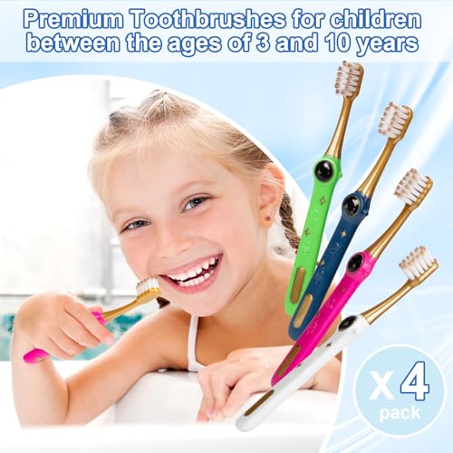 PRASBURR Kids Soft Bristle Toothbrush 4-Pack with Caps Space Theme