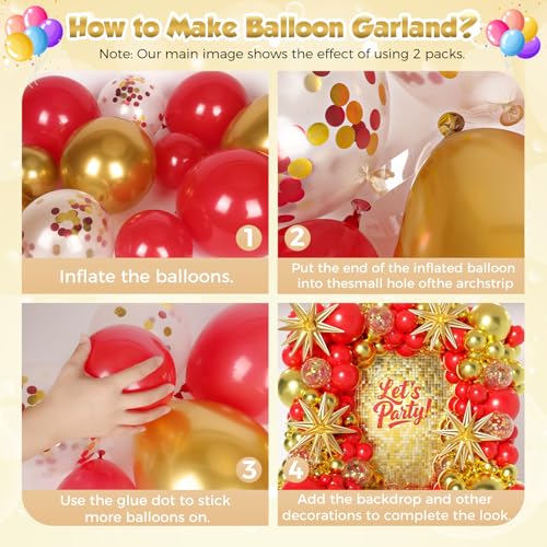 Red and Gold Balloon Garland Arch Kit with Stars - 153 Pcs