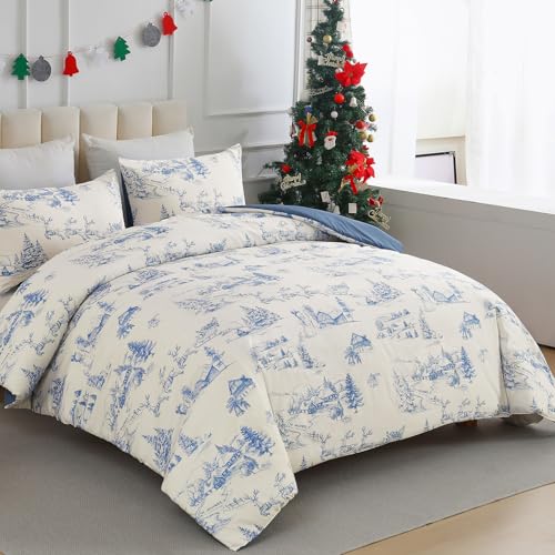 Blue Christmas Comforter Set King - Snowman & Tree Bedding, 104x90"